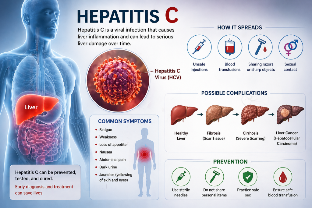 Hepatitis C showing liver infection, HCV virus structure, transmission routes (blood exposure), common symptoms, disease progression from healthy liver to cirrhosis and liver cancer, and prevention methods.