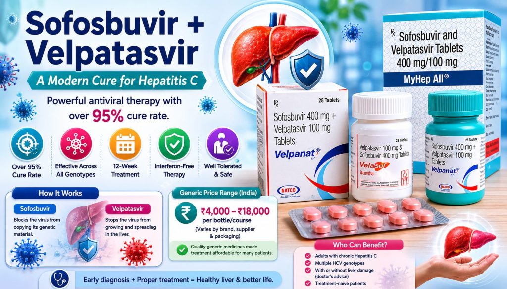 HCV antiviral medicines including Sofosbuvir and Velpatasvir tablets displayed with liver health graphics and medical consultation background for Hepatitis C treatment awareness.