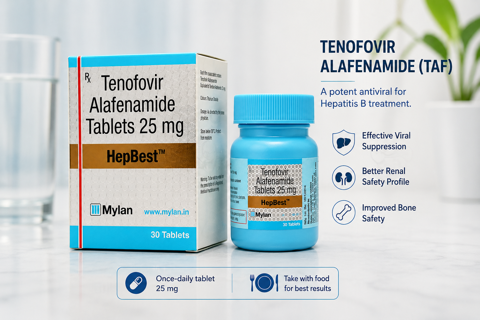 Tenofovir alafenamide tablets used for treating Hepatitis B, with a simple clinical background illustrating the liver and antiviral mechanism of action.