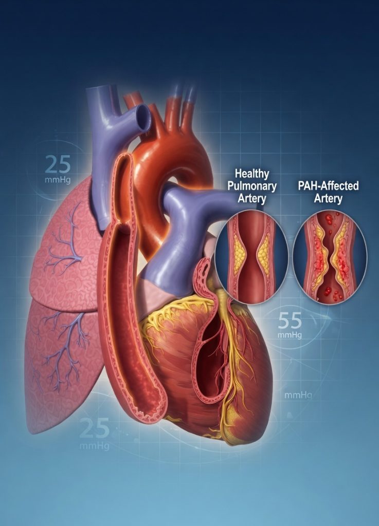Medical diagram comparing healthy pulmonary artery vs PAH-affected artery in the heart and lungs, showing increased blood pressure in Pulmonary Arterial Hypertension