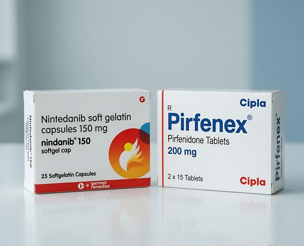 Two idiopathic pulmonary fibrosis medications Nintedanib 150 mg soft gelatin capsules box by German Remedies on the left, and Pirfenex 200 mg (Pirfenidone tablets) by Cipla