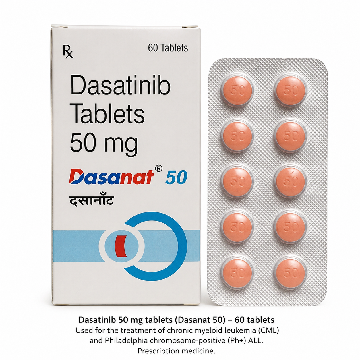 Dasatinib 50 mg tablets (Dasanat 50) medicine box with blister pack of tablets on a clean white background, used for treatment of chronic myeloid leukemia (CML) and Philadelphia chromosome-positive acute lymphoblastic leukemia (Ph+ ALL).