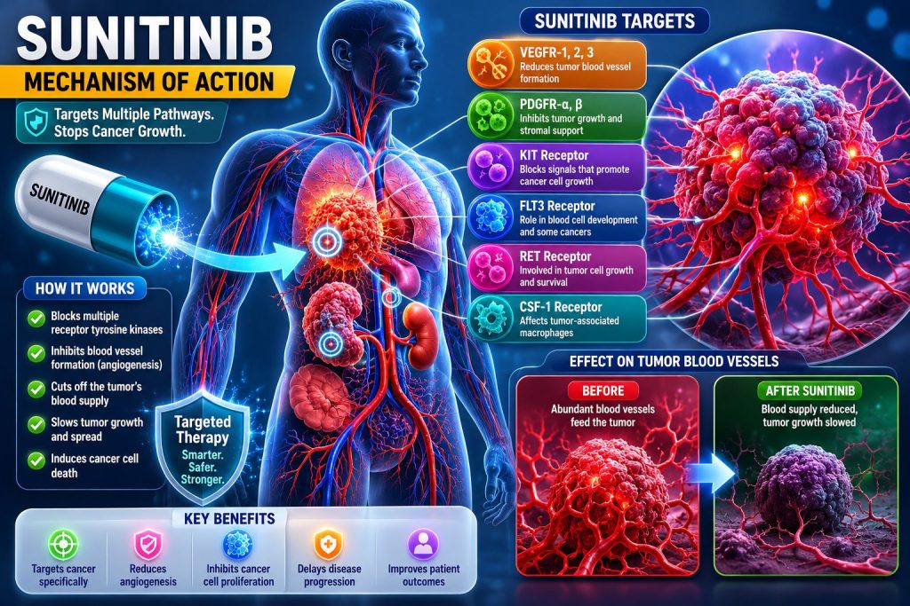 "Sunitinib mechanism of action infographic showing targeted inhibition of cancer growth pathways and tumor blood vessel formation."