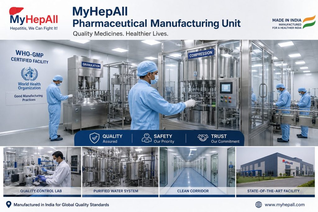 "MyHepAll pharmaceutical manufacturing unit in India with GMP-certified medicine production facilities."