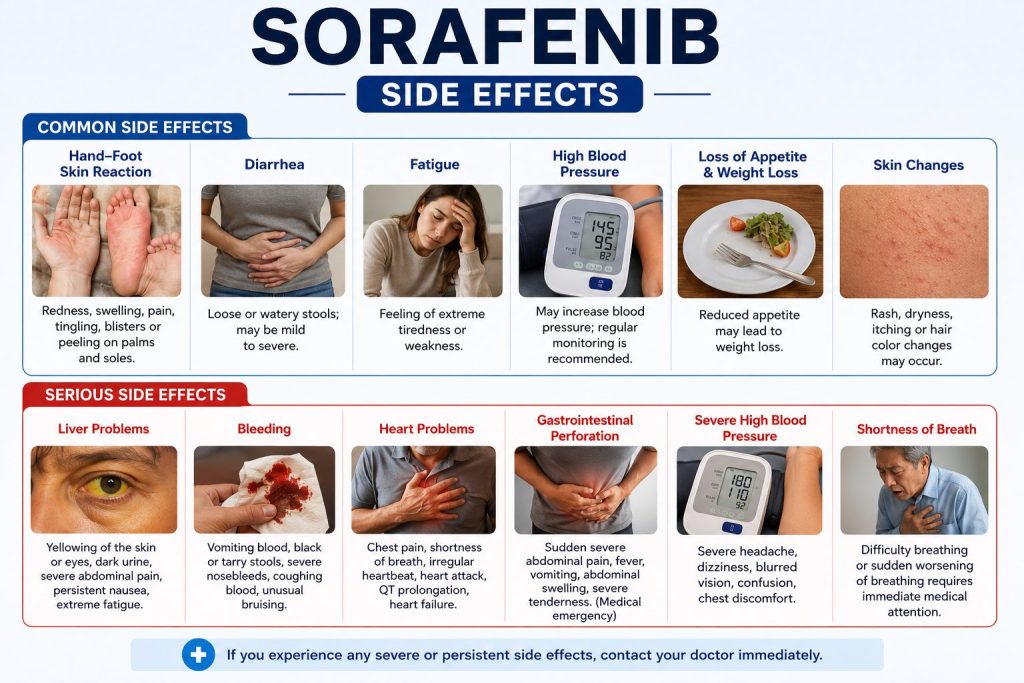 “Medical infographic about Sorafenib side effects showing real visual examples of common and serious reactions including hand-foot skin reaction, diarrhea, fatigue, high blood pressure, appetite loss, skin rash, liver problems, bleeding, heart complications, gastrointestinal perforation, and shortness of breath.”