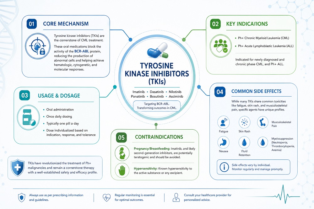 Professional medical infographic mind map of Tyrosine Kinase Inhibitors (TKIs) for chronic myeloid leukemia treatment,