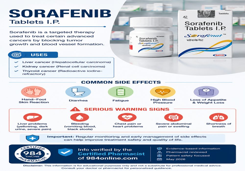 Sorafenib Tablets I.P. showing medicine bottle and packaging with information on uses, common side effects, serious warning signs, monitoring tips, and pharmacist-verified medical guidance by 984online.com.”