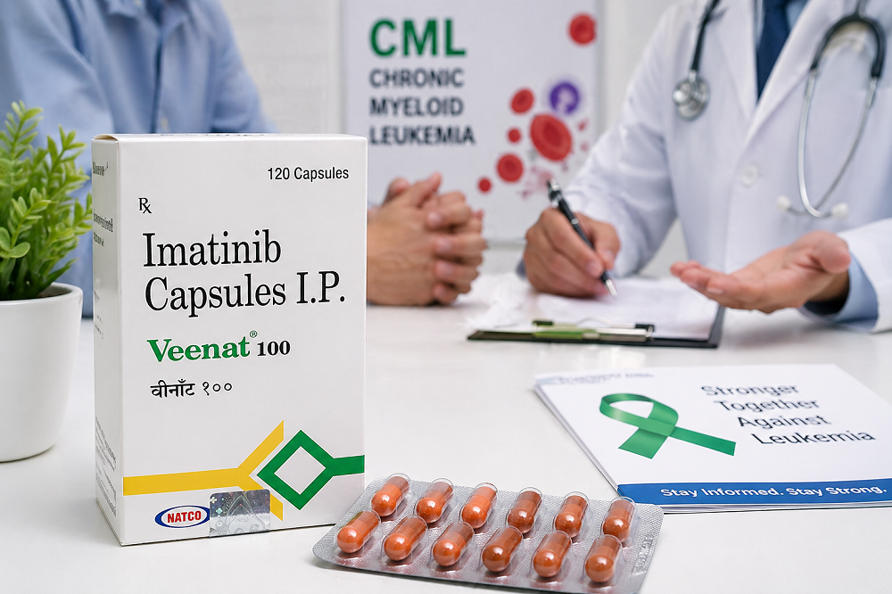Veenat 100 mg (Imatinib Mesylate) tablets used for chronic myeloid leukemia (CML) treatment,