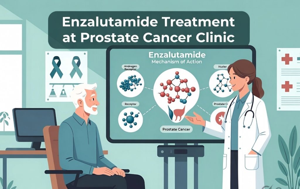 Doctor explaining Enzalutamide mechanism of action to a patient in a prostate cancer clinic consultation room.