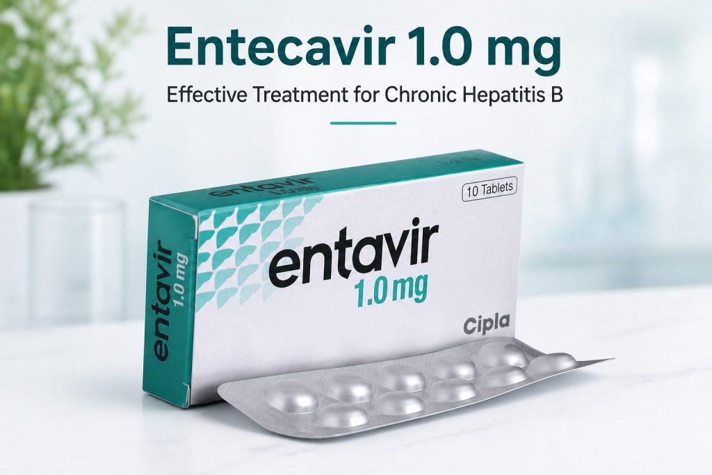 Entecavir antiviral medication packaging and tablets