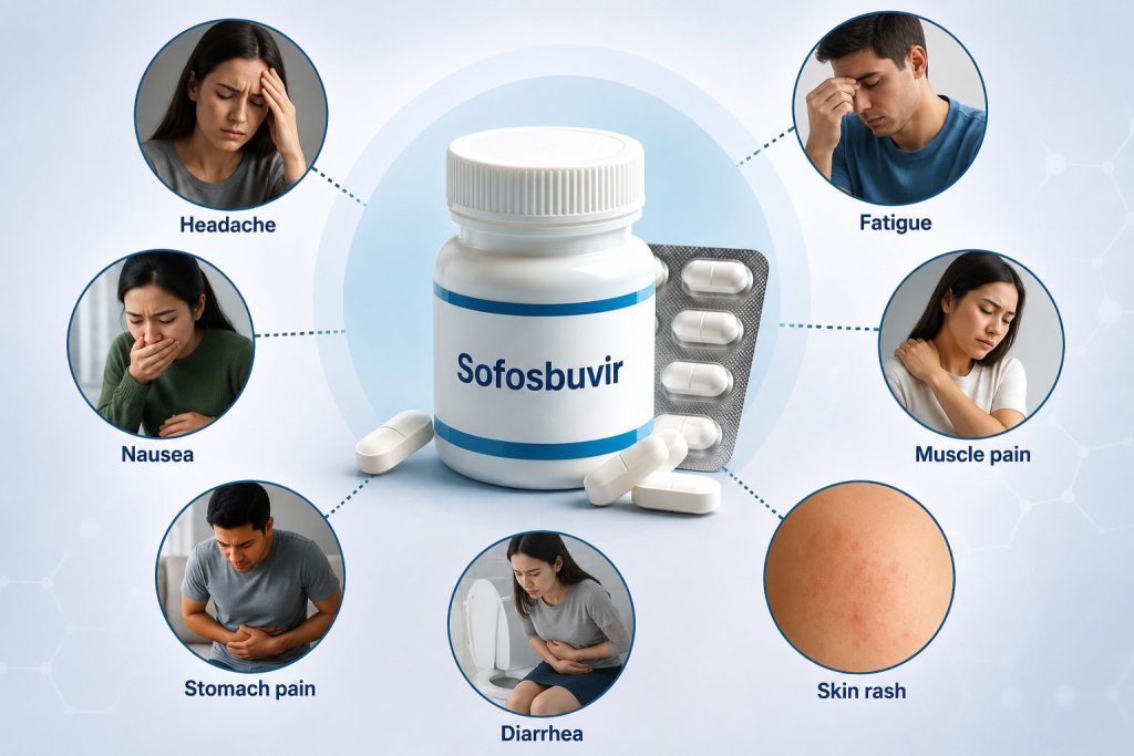 "Sofosbuvir medicine bottle with illustrations of common side effects including headache, nausea, fatigue, stomach pain, muscle pain, skin rash, and diarrhea for hepatitis C treatment education.