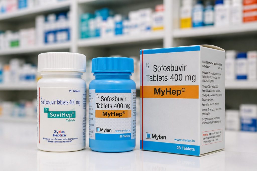 Generic hepatitis C medication bottles on pharmacy shelf
