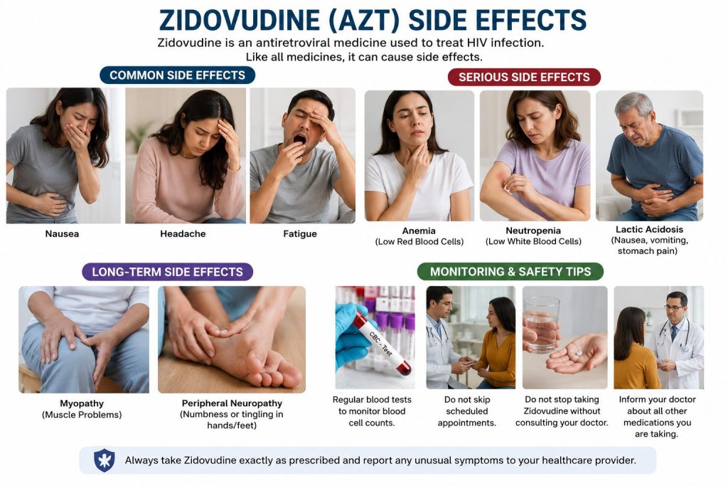 Zidovudine (AZT) side effects infographic showing common and serious adverse effects in HIV treatment patients.