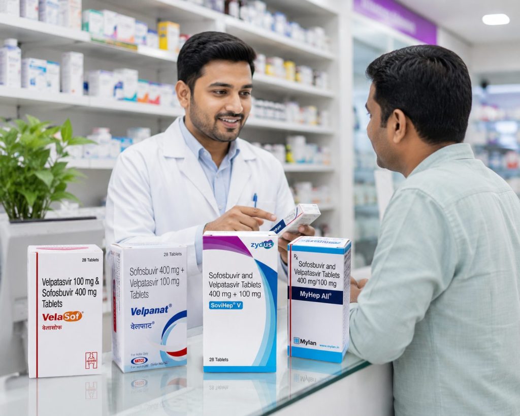 Generic hepatitis C medication bottles on Indian pharmacy shelf