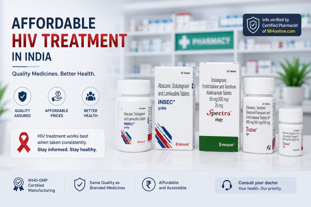 "Affordable HIV medicines in India featuring generic antiretroviral therapy (ART) products in a professional pharmacy setting with pharmacist-reviewed treatment information and HIV care guidance