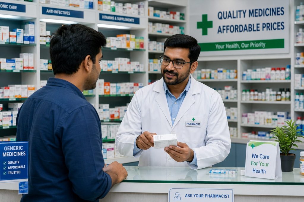 "Indian pharmacist counseling a patient inside a modern pharmacy while explaining medication use, with shelves of medicines and healthcare products in the background."