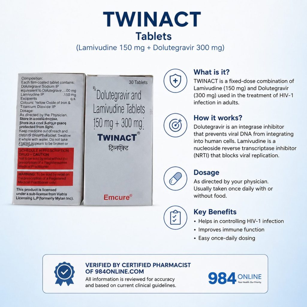 Twinact tablets (Dolutegravir 300 mg and Lamivudine 150 mg) HIV treatment medication with patient information, dosage guidance, benefits, and pharmacist-verified review by 984Online.com.