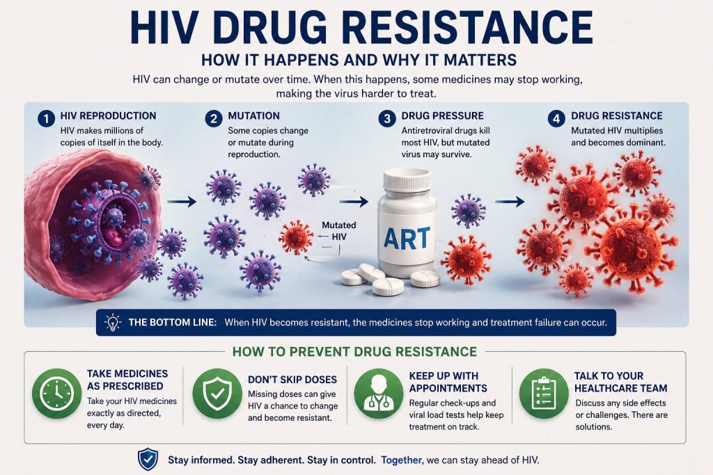 "HIV drug resistance infographic showing how HIV mutations develop resistance to antiretroviral therapy (ART), causes of treatment failure, resistance testing, and prevention through medication adherence."