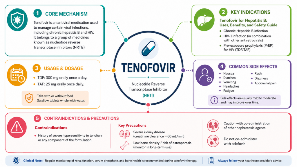 Tenofovir for Hepatitis B and HIV treatment, showing core mechanism, key indications, dosage guidelines, common side effects, and contraindications