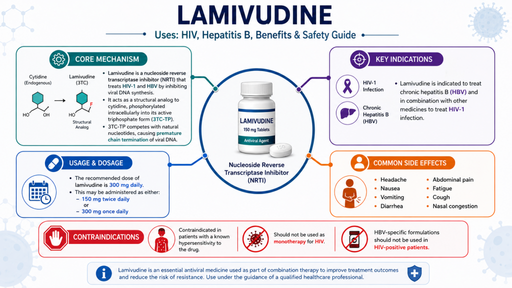 HIV and hepatitis B uses, dosage, antiviral mechanism, common side effects, and contraindications
