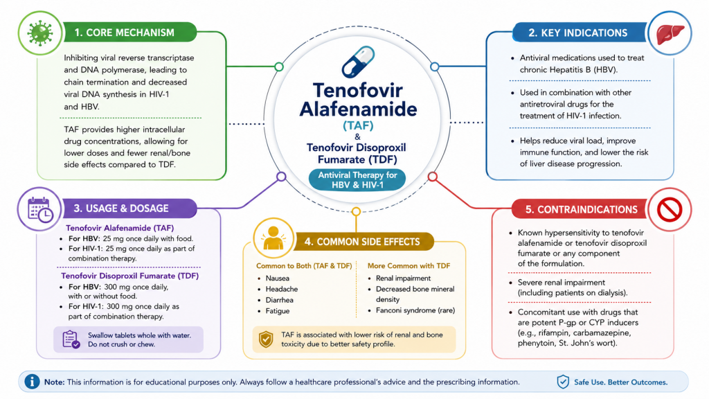 Tenofovir Alafenamide (TAF) and Tenofovir Disoproxil Fumarate (TDF), including antiviral mechanism, hepatitis B and HIV treatment uses, dosage guidelines, common side effects, renal and bone safety differences, and contraindication