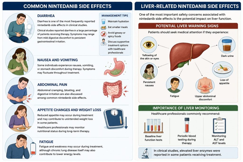 Common nintedanib side effects including diarrhea, nausea, fatigue, abdominal pain, and liver monitoring during pulmonary fibrosis treatment