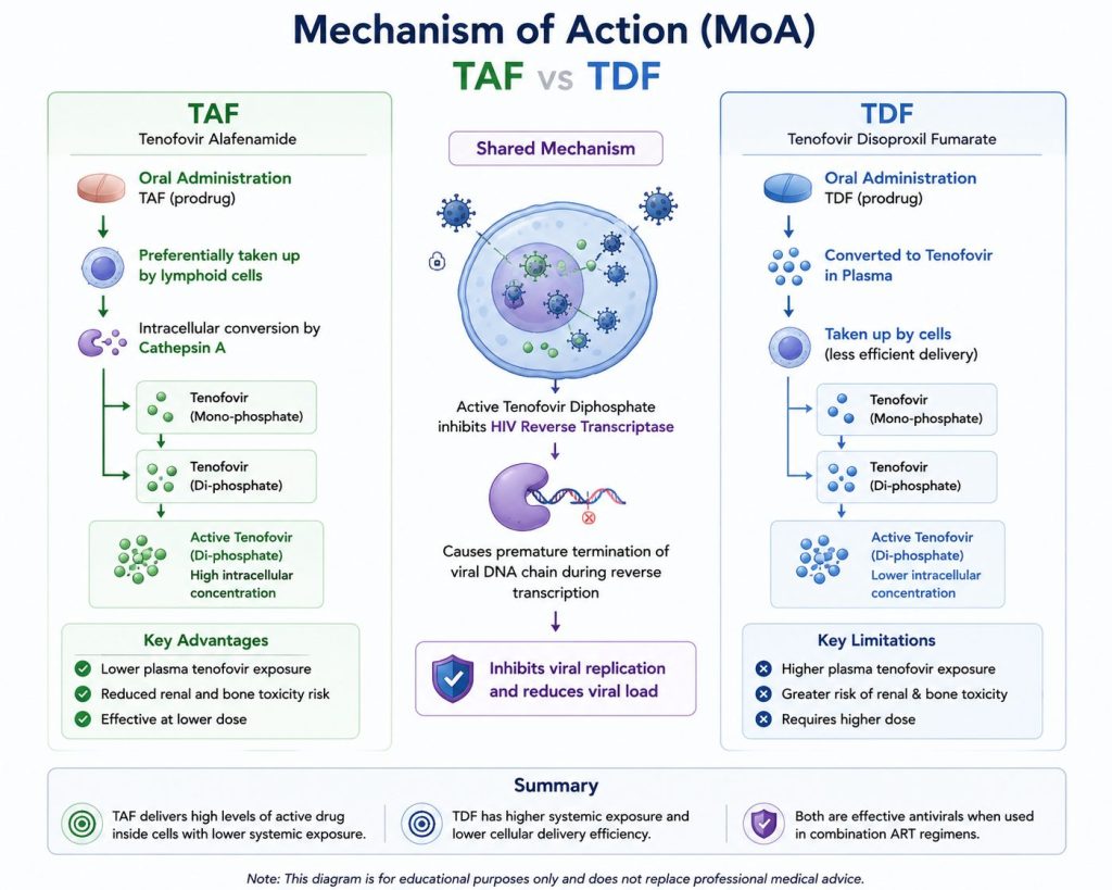 mechanism of action (MOA) of TAF and TDF antiviral medications, showing intracellular delivery of tenofovir, HIV reverse transcriptase inhibition, kidney safety comparison, and antiviral activity pathways used in HIV treatment.”