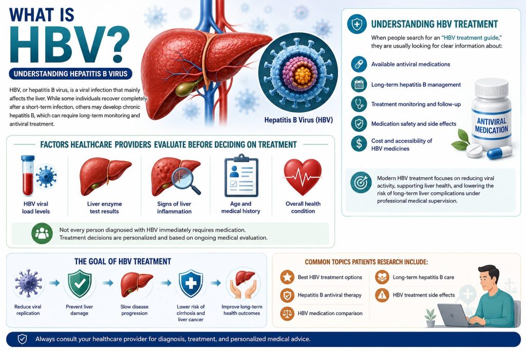 epatitis B virus (HBV) and HBV treatment, featuring liver illustrations, antiviral medication visuals, HBV virus graphics, treatment evaluation factors, long-term hepatitis B management information
