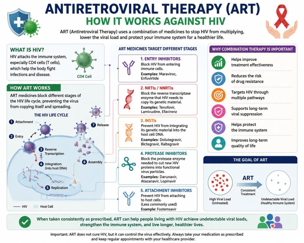 How Antiretroviral Therapy (ART) works against HIV by targeting different stages of the HIV life cycle. The image shows CD4 immune cells, viral replication stages, ART drug classes including NRTIs, NNRTIs, integrase inhibitors, and protease inhibitors, along with the benefits of combination HIV therapy and viral suppression