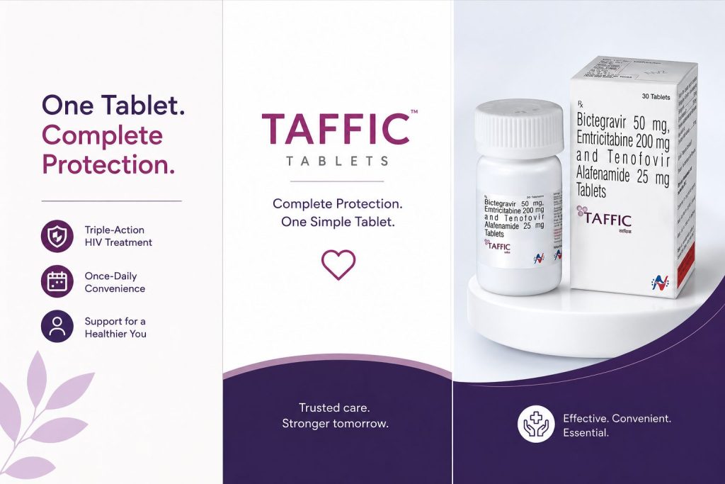 “Taffic HIV tablets promotional infographic with treatment benefits.”