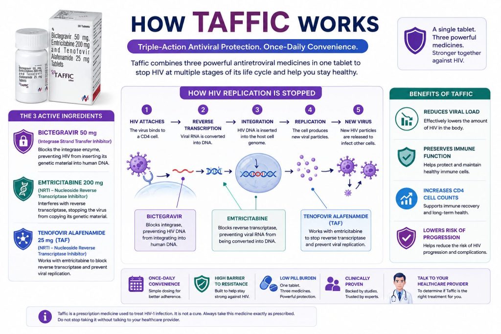 “Infographic explaining how Taffic HIV treatment works, featuring bictegravir, emtricitabine, and tenofovir alafenamide in a once-daily antiretroviral tablet that helps reduce viral load and support immune function.”