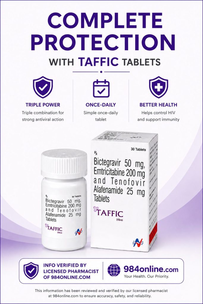 “Taffic tablets pharmaceutical promotional poster featuring bictegravir, emtricitabine, and tenofovir alafenamide with benefits including triple power, once-daily dosing, and immune support.”