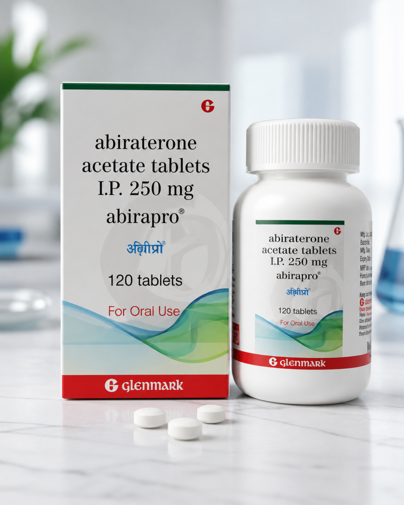 Abiraterone (Abirapro) tablet box packaging showing brand name, strength, and manufacturer details, designed in a clean white pharmaceutical style with clear labeling for prostate cancer treatment medication.
