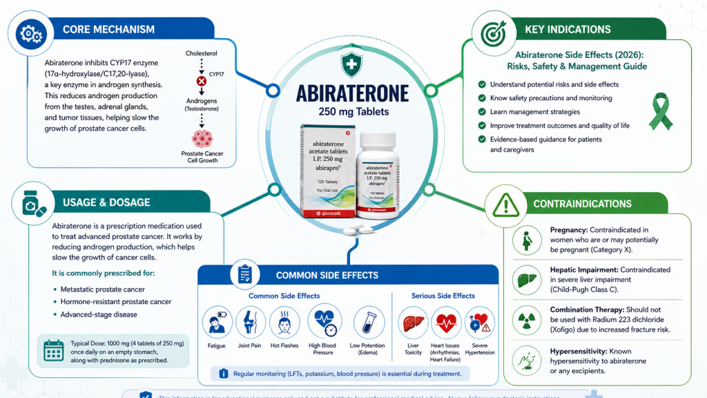 Abiraterone 250 mg infographic showing mechanism, uses, side effects, and contraindications.