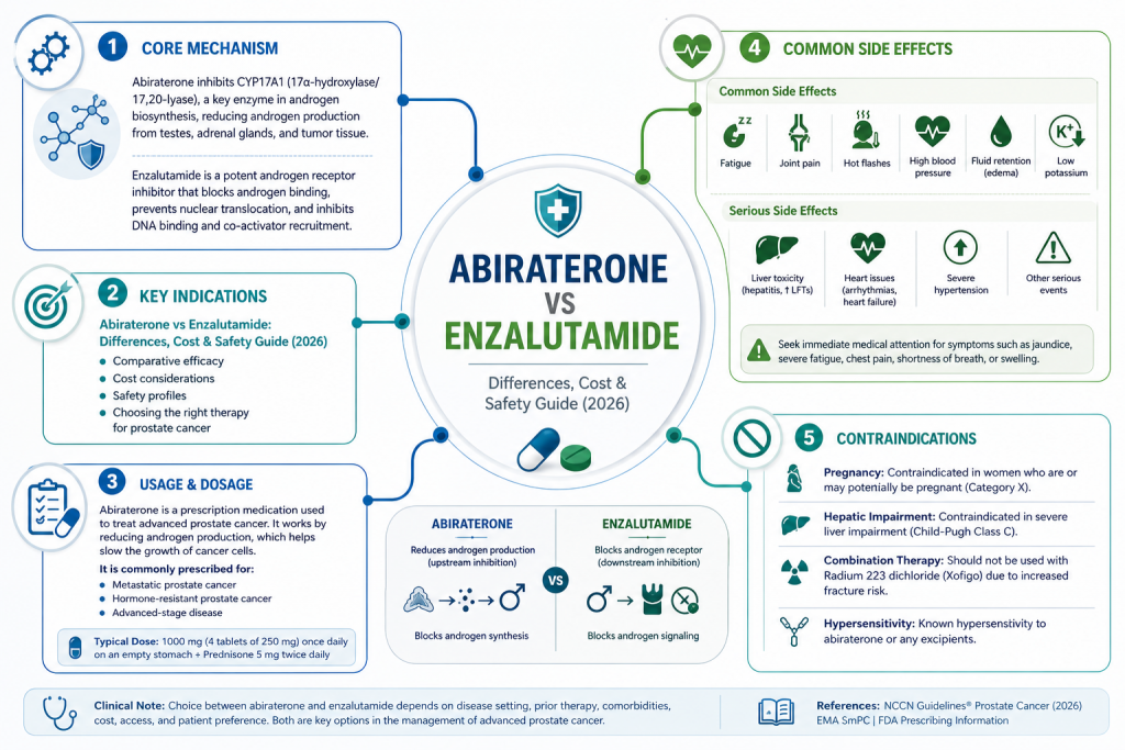 Medical infographic comparing Abiraterone vs Enzalutamide, showing mechanism, indications, dosage, side effects, and contraindications in a clean clinical layout