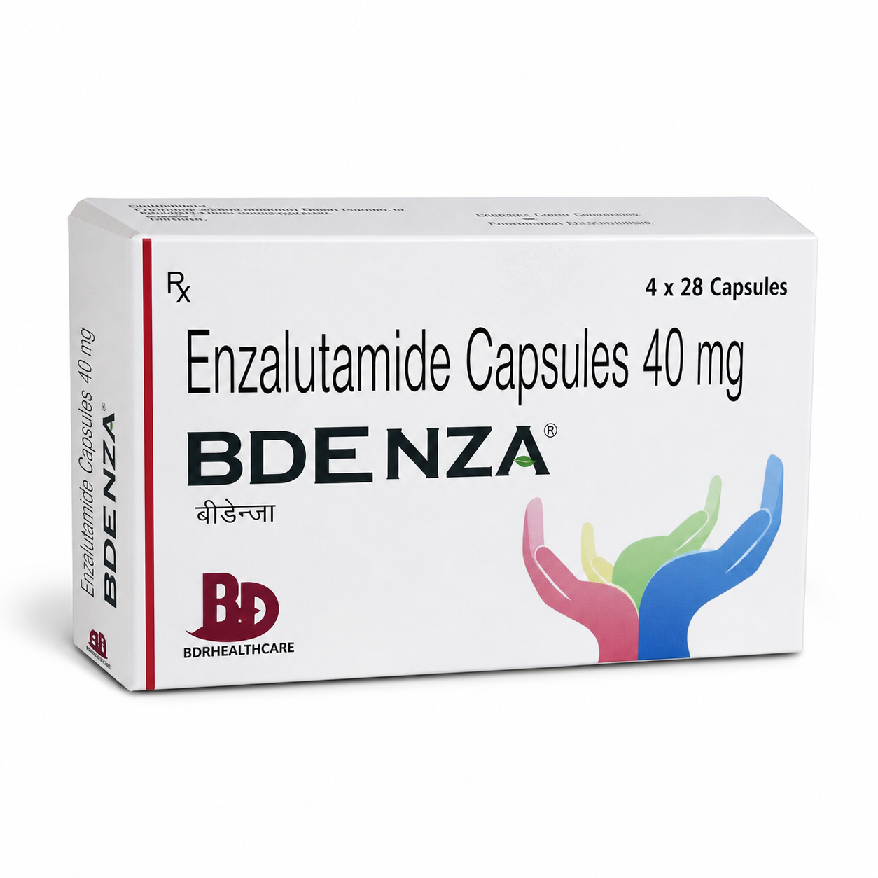Enzalutamide Capsules 40 mg (BDENZA) with clean white packaging, brand logo, and colorful hand graphic on the front.