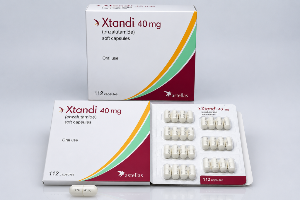 Xtandi 40 mg enzalutamide capsules packaging with blister pack and boxes displayed for prostate cancer treatment medication.