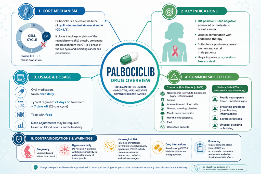 Palbociclib infographic showing mechanism of action, indications, dosage schedule, common side effects, and contraindications for breast cancer treatment