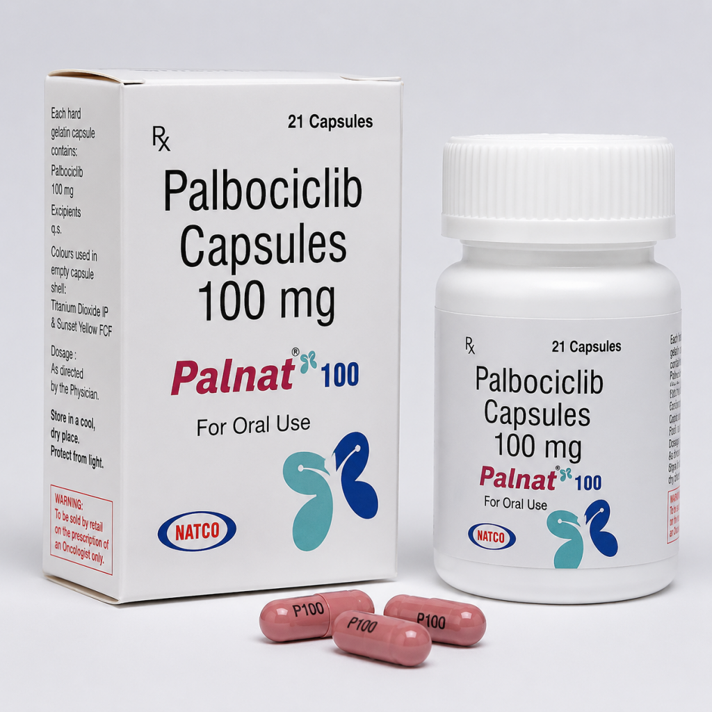 Palbociclib 100 mg capsules Palnat packaging breast cancer drug CDK4/6 inhibitor medication box.