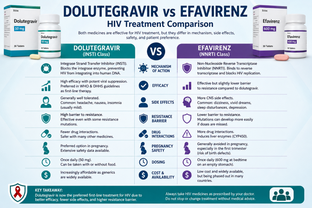 Dolutegravir vs Efavirenz HIV treatment comparison infographic showing differences in mechanism of action, efficacy, side effects, resistance barrier, pregnancy safety, and dosing.