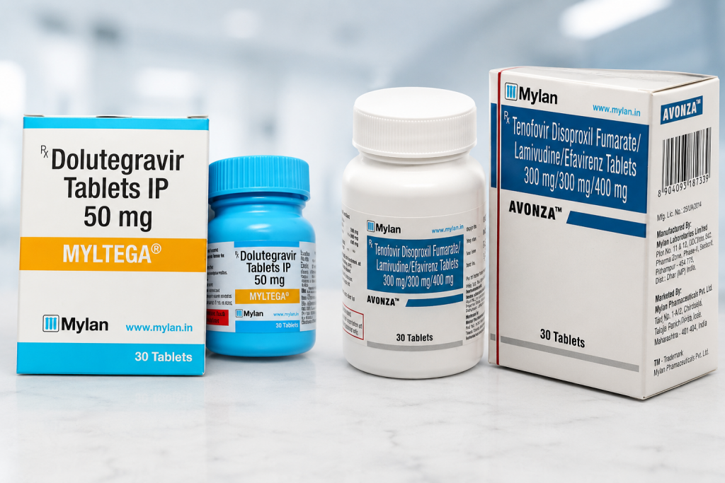 Dolutegravir 50 mg tablets (Myltega) and Avonza HIV treatment tablets by Mylan
