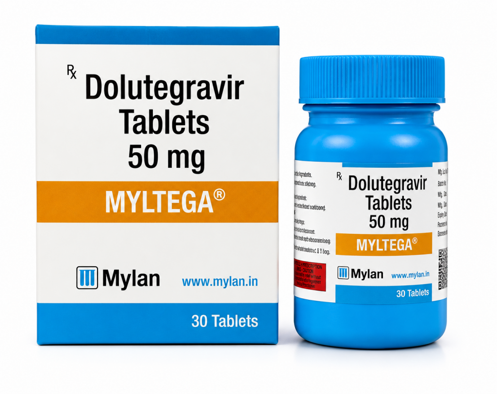 Dolutegravir tablets 50 mg packaging featuring a white medicine box and blue pill bottle labeled “MYLTEGA” by Mylan