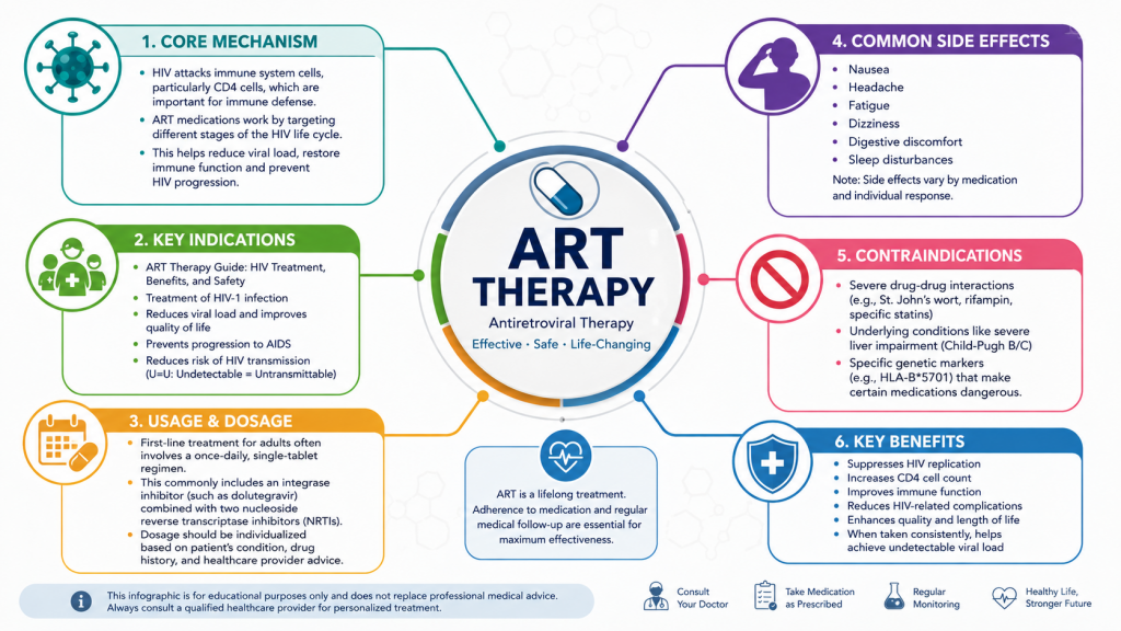ART Therapy showing HIV treatment mechanisms, indications, dosage guidance, common side effects, and contraindications