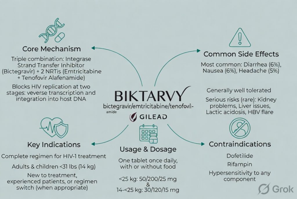 Biktarvy (bictegravir/emtricitabine/tenofovir alafenamide), showing central drug information with five branches: Core Mechanism, Key Indications, Usage & Dosage, Common Side Effects, and Contraindications.