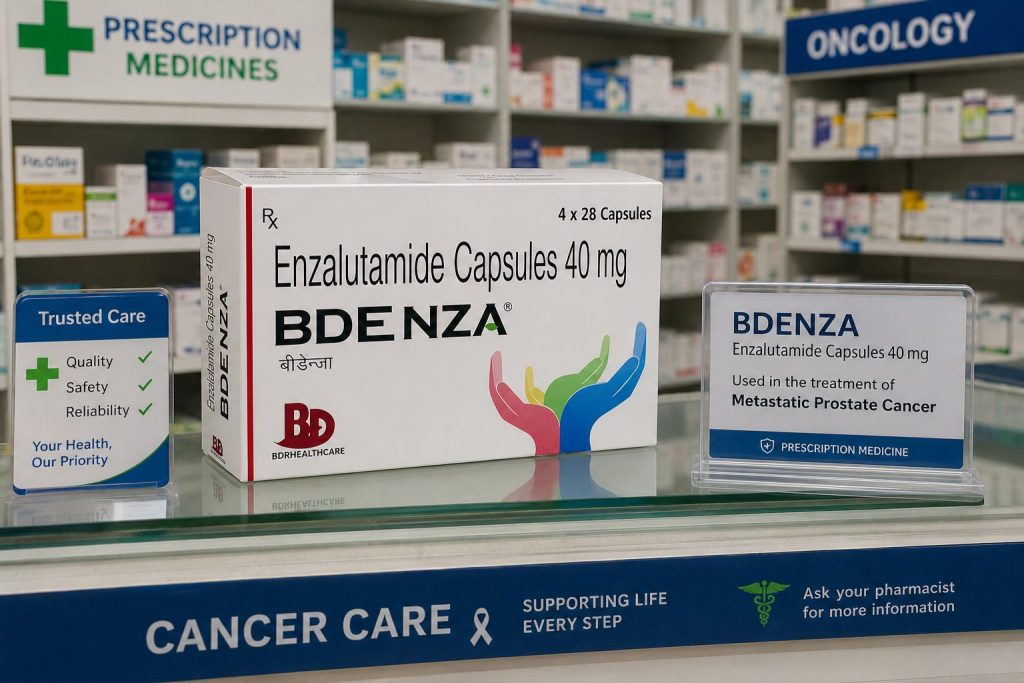 Indian pharmacy displaying Bdenza Enzalutamide capsules used in the treatment of metastatic prostate cancer.