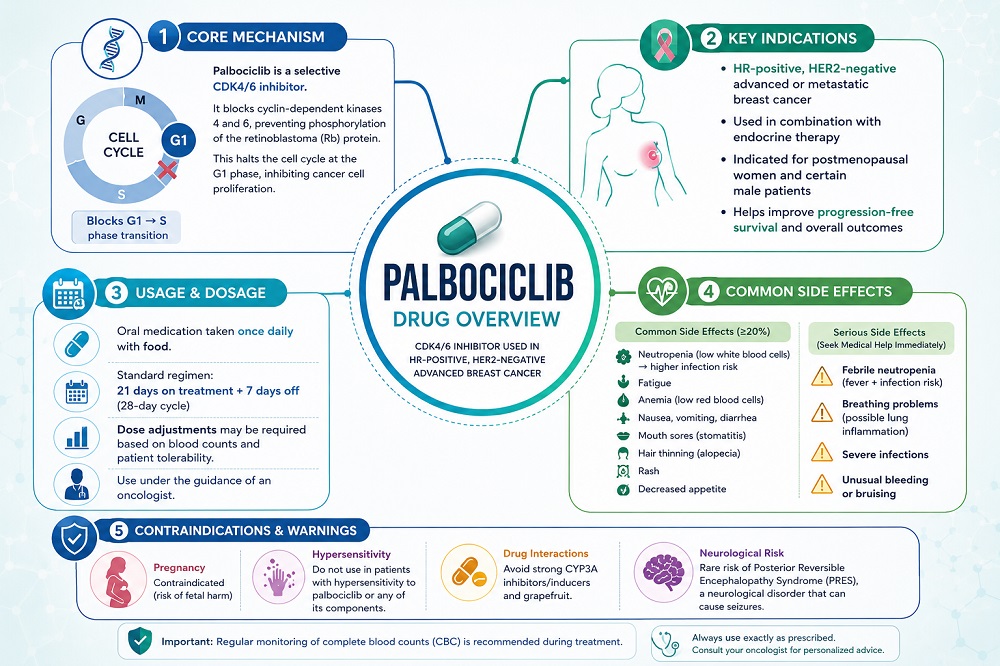 Palbociclib infographic showing CDK4/6 inhibitor mechanism, breast cancer indications, dosage cycle, common side effects, and contraindications