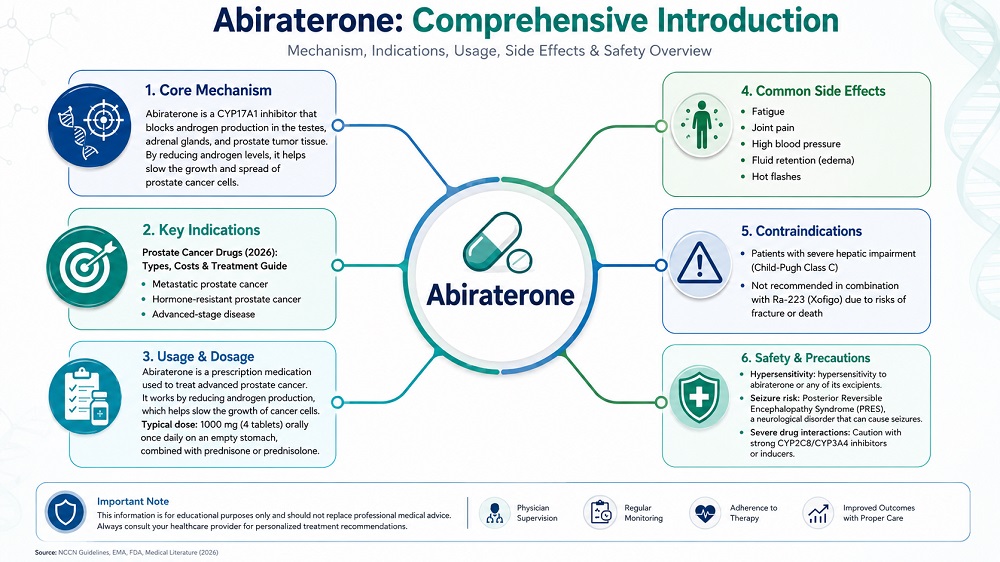 Abiraterone medical infographic showing mechanism of action, prostate cancer indications, dosage overview, common side effects, and contraindications