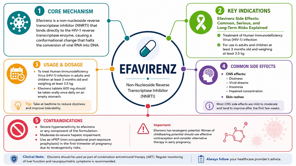 Efavirenz for HIV treatment showing its NNRTI mechanism, dosage guidelines, common side effects, contraindications, and safety precautions