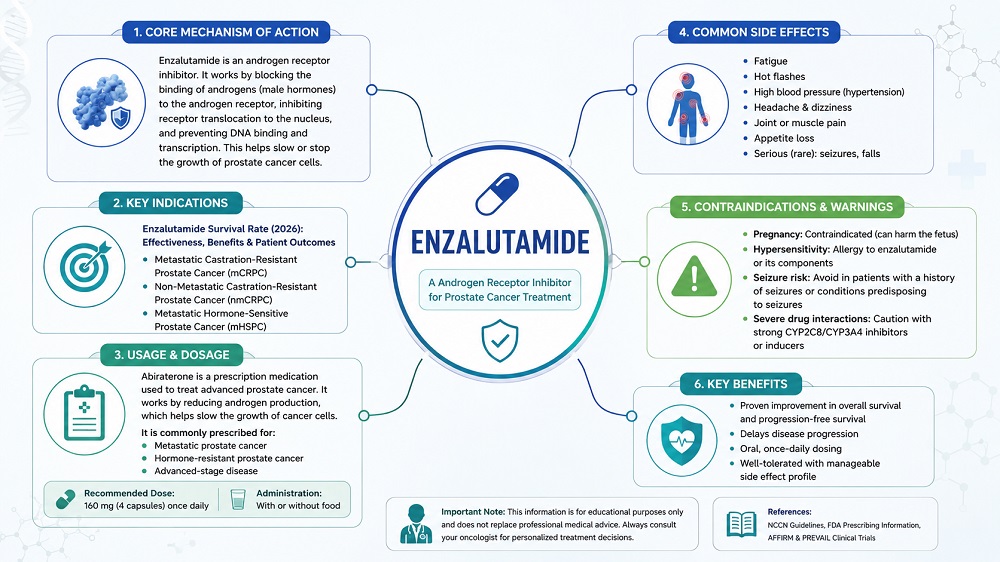 Enzalutamide showing mechanism of action, key indications, dosage, side effects, contraindications, and benefits for prostate cancer treatment