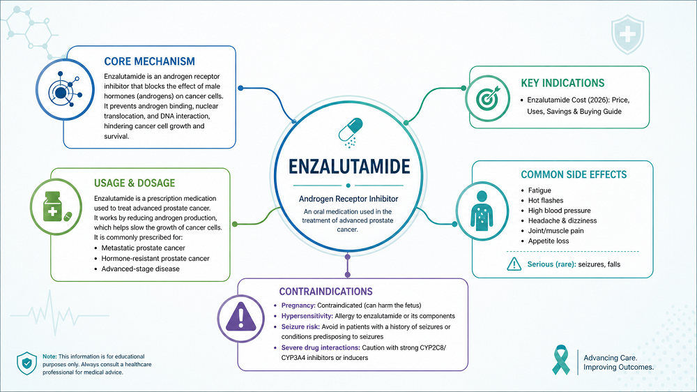 Medical infographic mind map of Enzalutamide showing mechanism, indications, dosage, side effects, and contraindications in a clean clinical design.